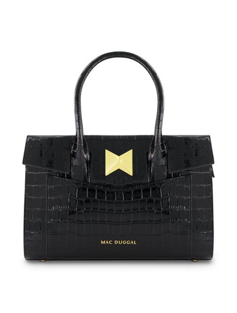 Gold Plated Hardware Crocodile Embossed Leather Tote Bag
