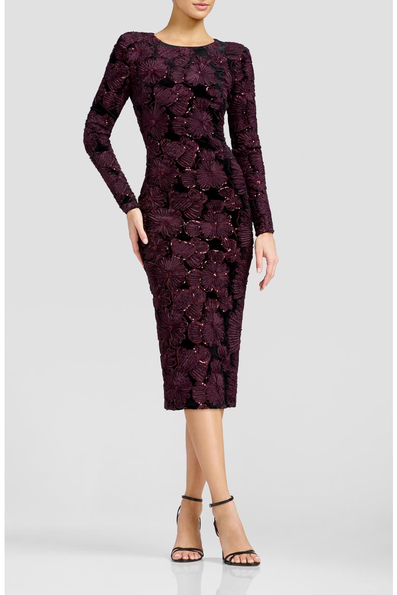 Emmalyn Sequin Appliqué Long Sleeve Cocktail Midi Dress, Main, color, BURGUNDY-BLACK