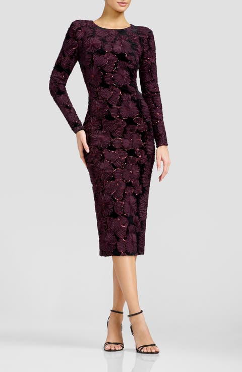 Emmalyn Sequin Appliqué Long Sleeve Cocktail Midi Dress