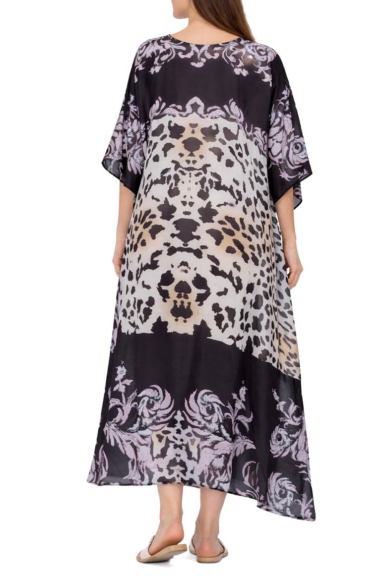 Animal Print V-Neck Maxi Caftan, Alternate, color, BLACK