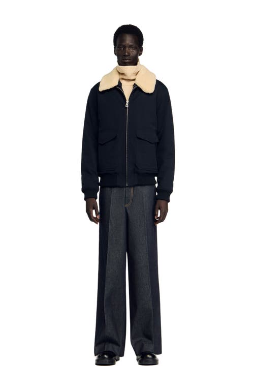 Sandro Shearling Collar Aviator Jacket In Blue