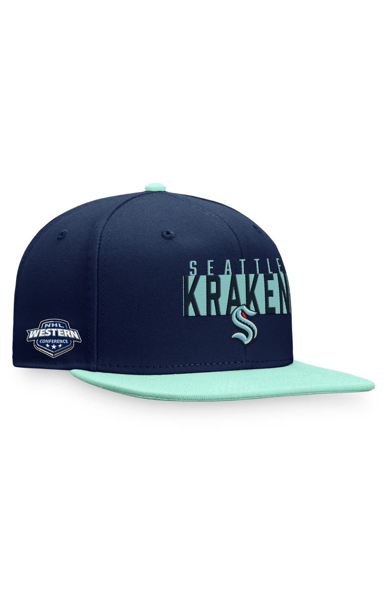 FANATICS Men's Fanatics Branded Deep Sea Blue/Light Blue Seattle Kraken Fundamental Colorblocked Snapback Hat, Main, color, 