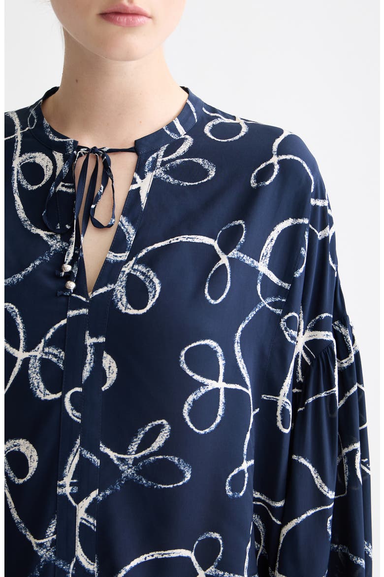 Tie Neck Ruffle Cuff Top, Alternate, color, RIBBON NAVY AOP