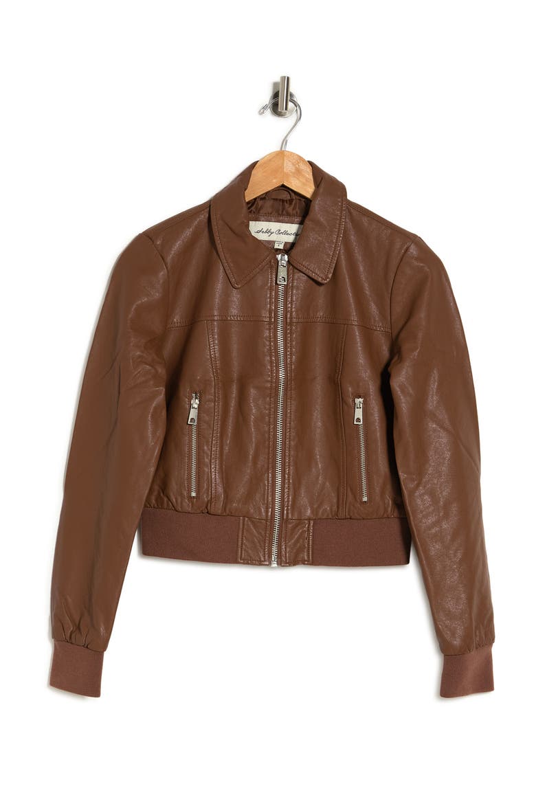 Faux Leather Crop Bomber Jacket, Alternate, color, LUGGAGE