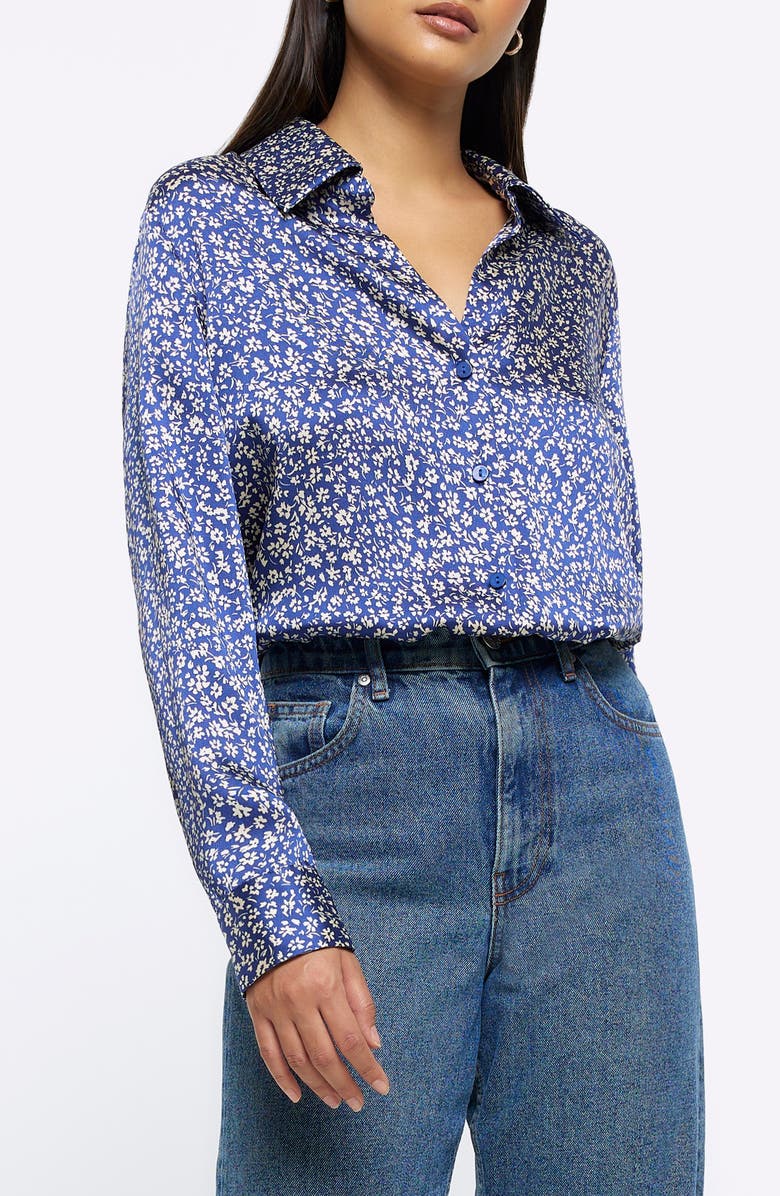 River Island Floral Satin Button-Up Shirt, Alternate, color, 
