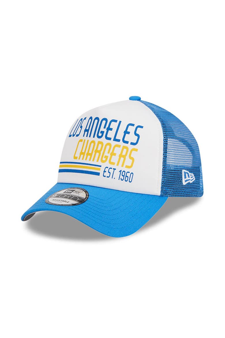 Men's New Era White/Powder Blue Los Angeles Chargers Stacked A-Frame Trucker 9FORTY Adjustable Hat, Main, color, White