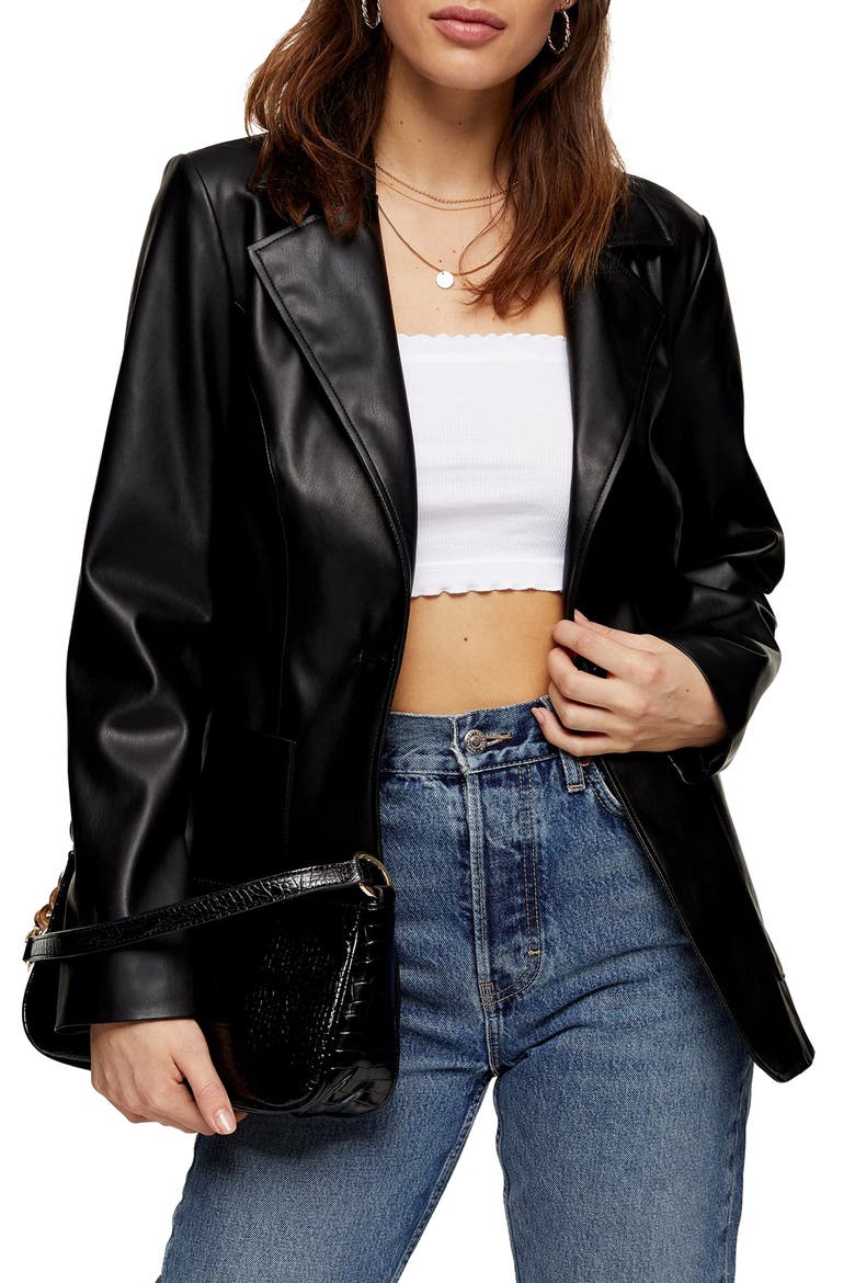 Faux Leather Blazer, Main, color, BLACK