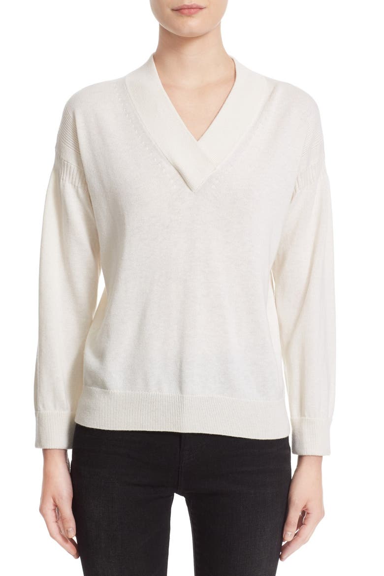 Check Print Cuff V-Neck Cashmere Blend Sweater, Alternate, color, NATURAL WHITE