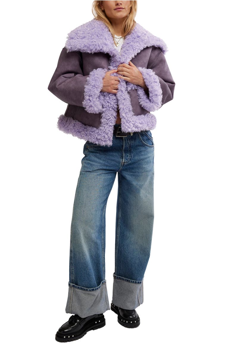 Free People Kiki Faux Leather Jacket with High Pile Fleece Trim, Alternate, color, Lilac Combo