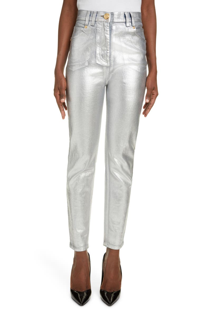 Metallic High Waist Slim Fit Jeans, Main, color, 9KA ARGENT