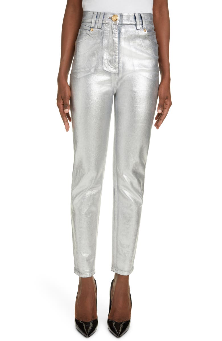 Balmain Metallic High Waist Slim Fit Jeans, Main, color, 