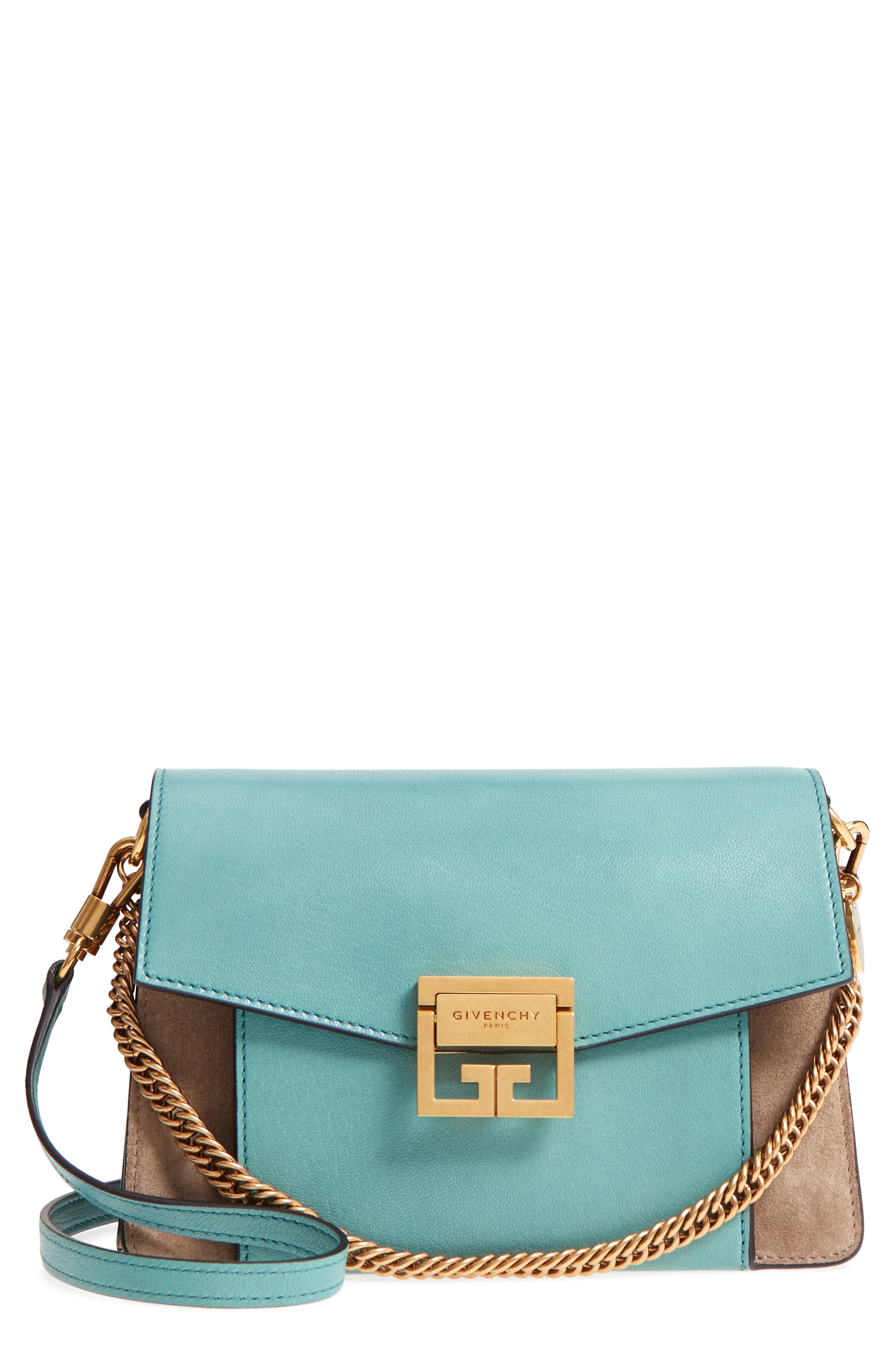 Small GV3 Leather & Suede Crossbody Bag, Main, color, AQUA/ TAUPE