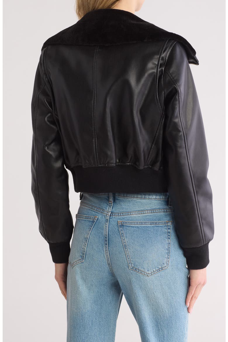 Faux Fur Collared Faux Leather Dad Bomber Jacket, Alternate, color, BLACK/ BLACK