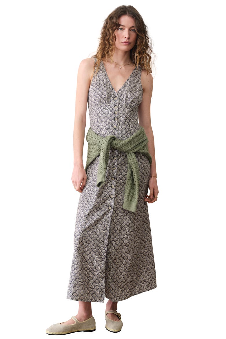 Camila Print Button Front Hemp Blend Maxi Dress, Alternate, color, NAVY SEASHELL
