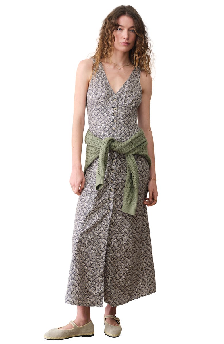 Marine Layer Camila Print Button Front Hemp Blend Maxi Dress, Alternate, color, Navy Seashell