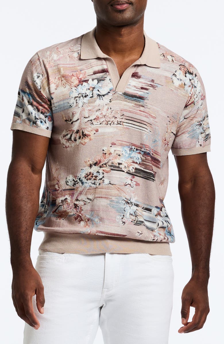 Robert Graham Bowden Floral Short Sleeve Johnny Collar Cotton & Linen Polo Sweater, Main, color, 