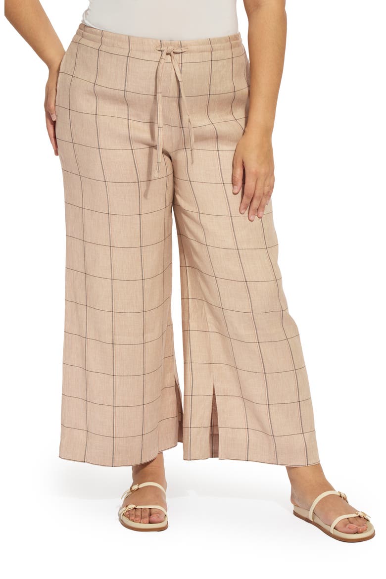 Nixie Drawstring Linen Blend Wide Leg Pants, Main, color, ISLA CHECK