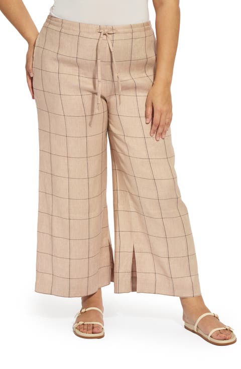 Nixie Drawstring Linen Blend Wide Leg Pants (Plus)