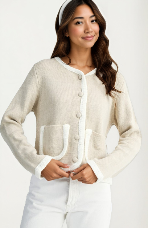 Button Front Contrast Trim Patch Pocket Cardigan