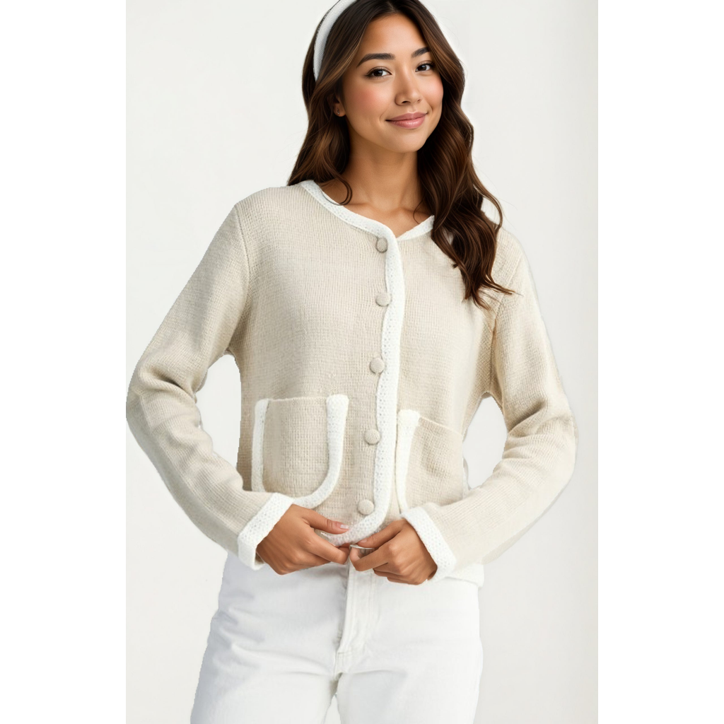 Knit and Lounge Button Front Contrast Trim Patch Pocket Cardigan in Beige With White Trim  product