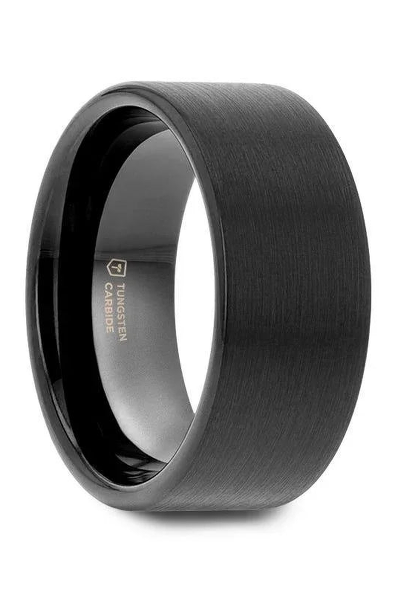 San Antonio Flat Tungsten Carbide Band With Brushed Finish, Main, color, Black 10mm