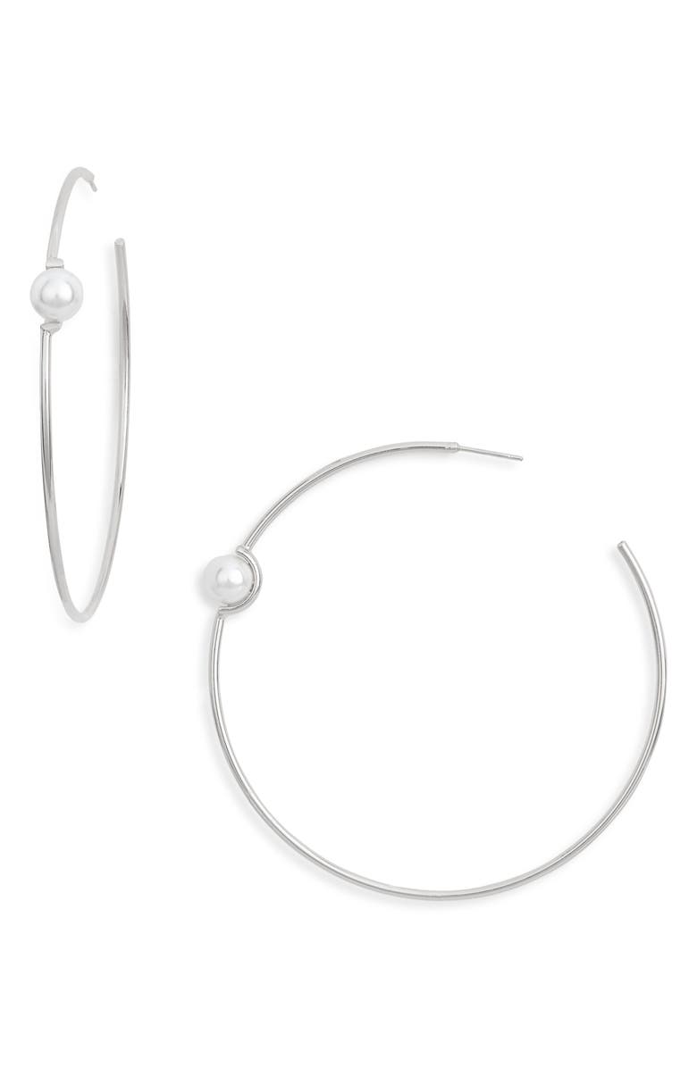 Tasha Faux Pearl Open Hoop Earrings, Main, color, Silver