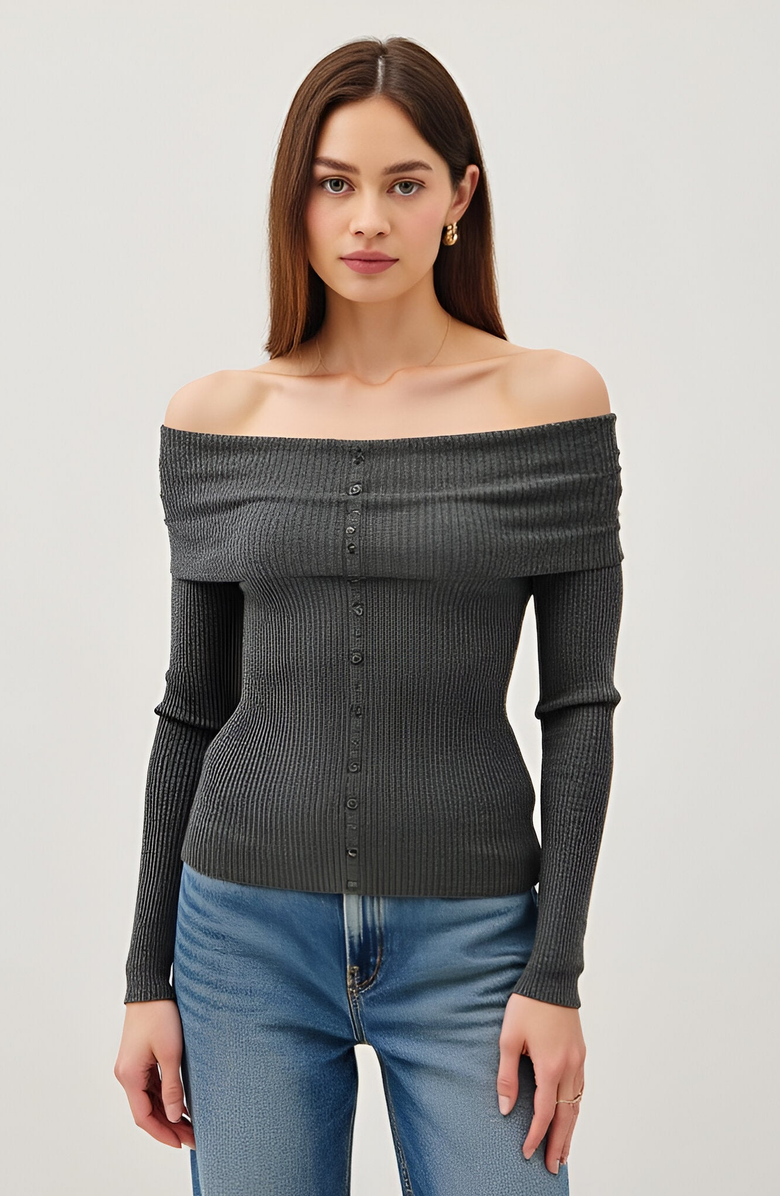 Modenaire Ribbed Button-Up Long Sleeve Top with Roll Shoulder Detail, Main, color, 