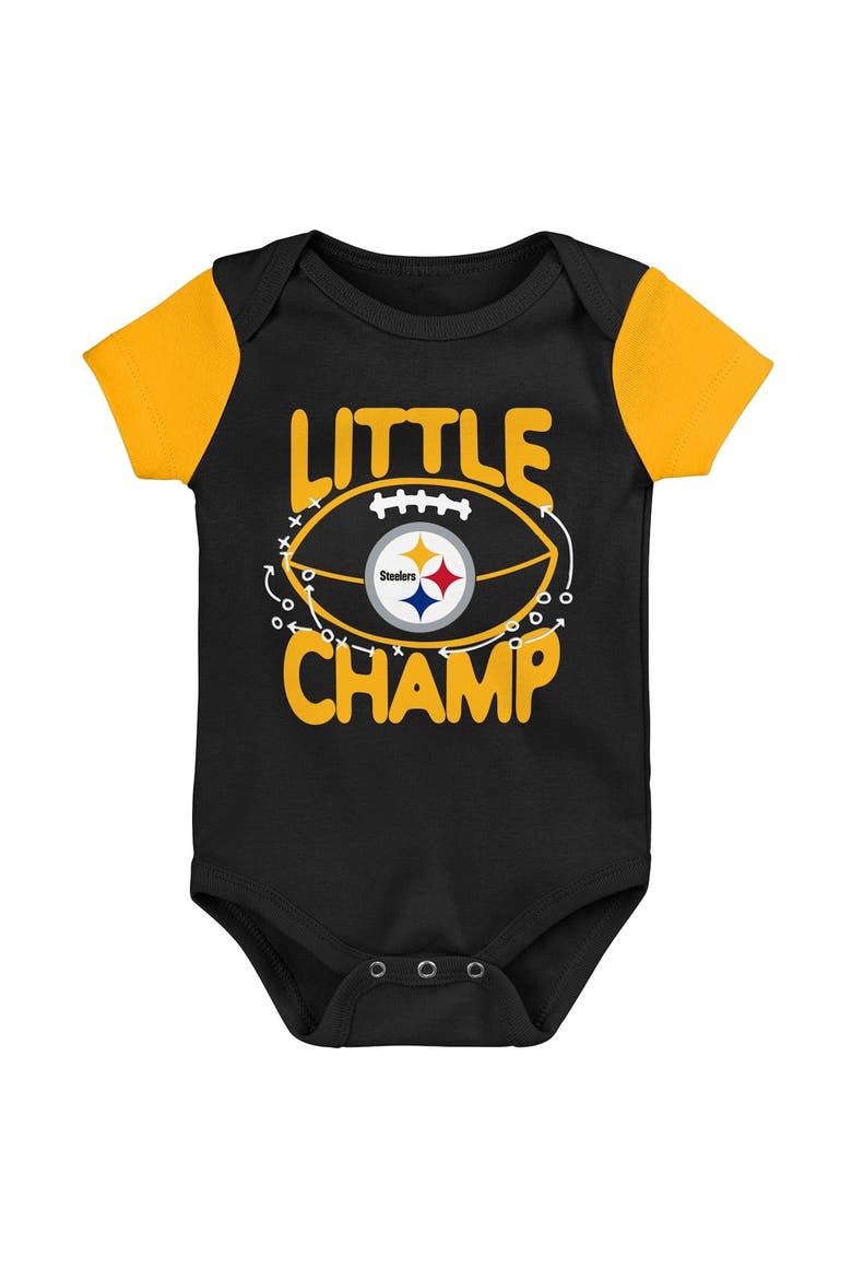Newborn & Infant Black/Gold Pittsburgh Steelers Little Champ Three-Piece Bodysuit Bib & Booties Set, Alternate, color, Black