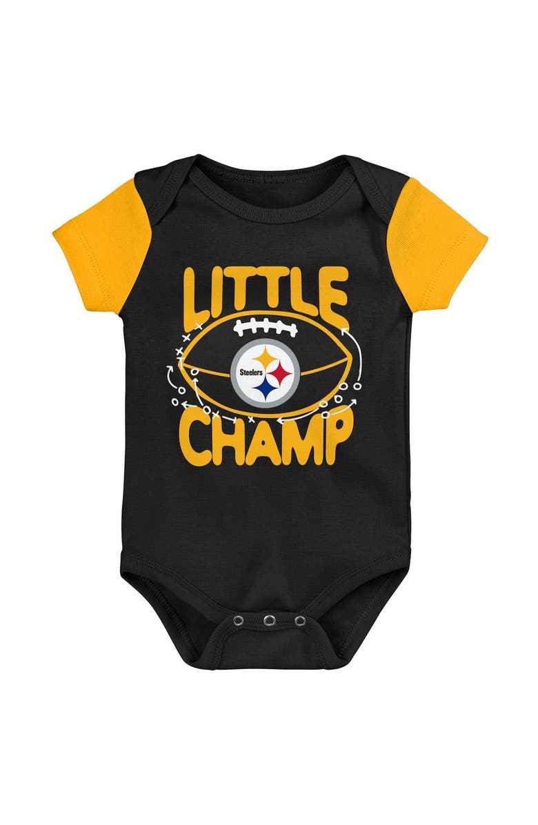 Outerstuff Newborn & Infant Black/Gold Pittsburgh Steelers Little Champ Three-Piece Bodysuit Bib & Booties Set, Alternate, color,