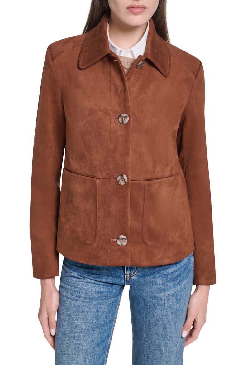 Faux Suede Button Front Jacket, Main, color, COGNAC