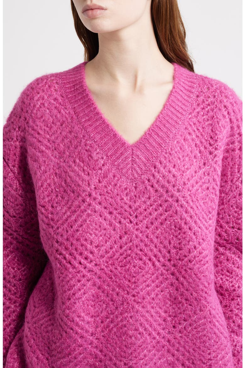 Diamond Stitch V-Neck Sweater, Alternate, color, PINK FUCHSIA