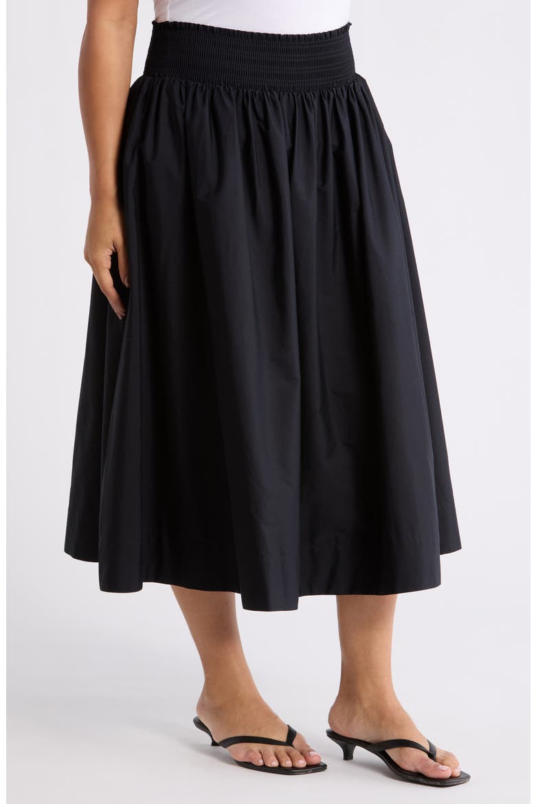 Smocked Waist Pleated Midi Skirt, Alternate, color, BLACK