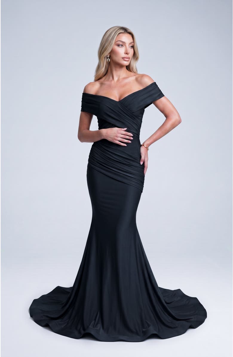 Jessica Angel Off The Shoulder Ruched Mermaid Evening Gown, Main, color, Black