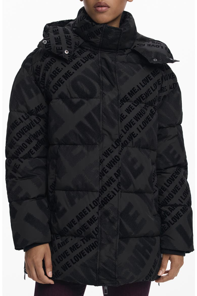 Flocked Print Quilted Puffer Jacket with Removable Hood, Main, color, BLACK