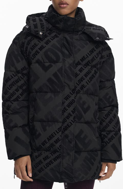 Flocked Print Quilted Puffer Jacket with Removable Hood