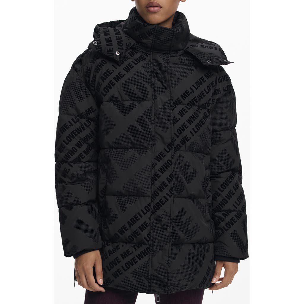 Desigual Flocked Print Quilted Puffer Jacket With Removable Hood In Black