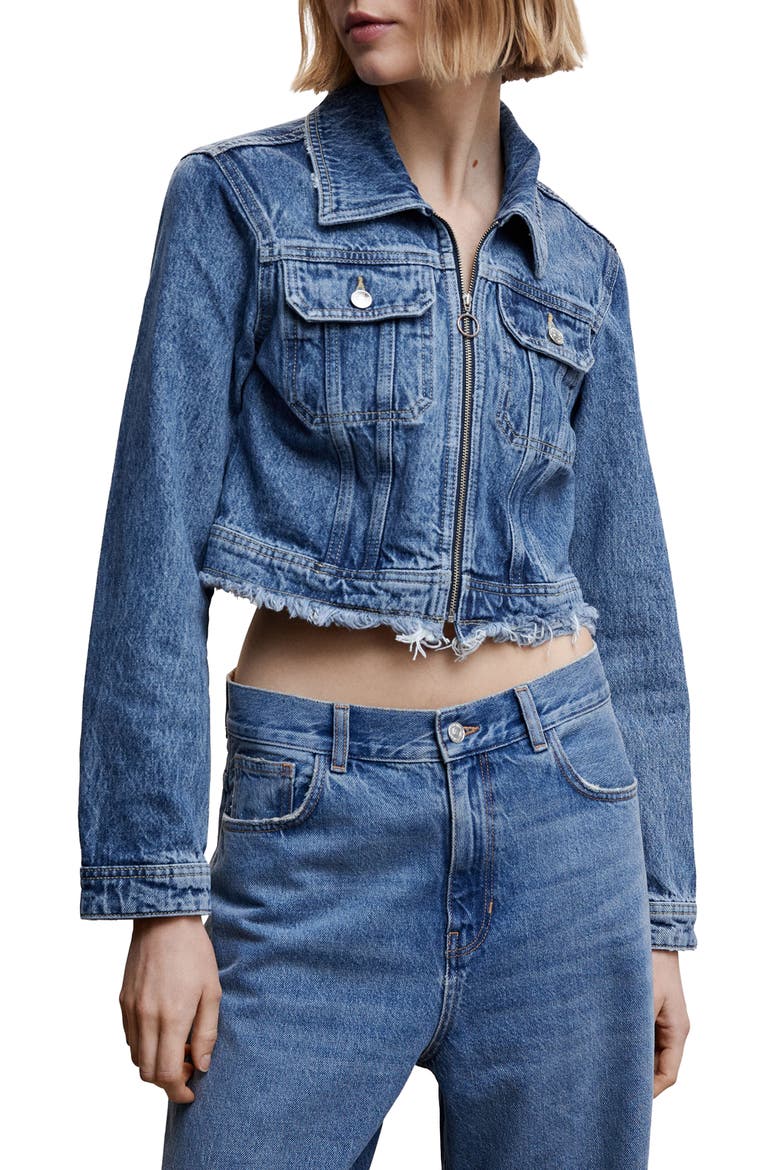 Fray Hem Denim Trucker Jacket, Main, color, DARK BLUE