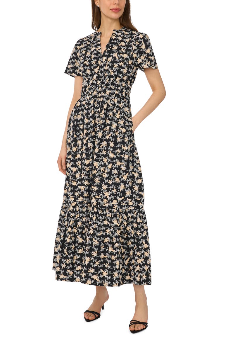 Floral Embroidered Tiered Cotton Maxi Dress, Main, color, RICH BLACK
