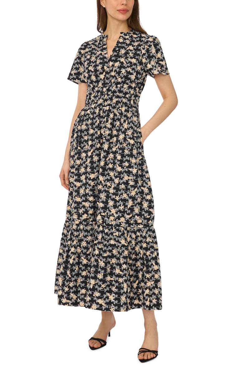 CeCe Floral Embroidered Tiered Cotton Maxi Dress, Main, color, Rich Black