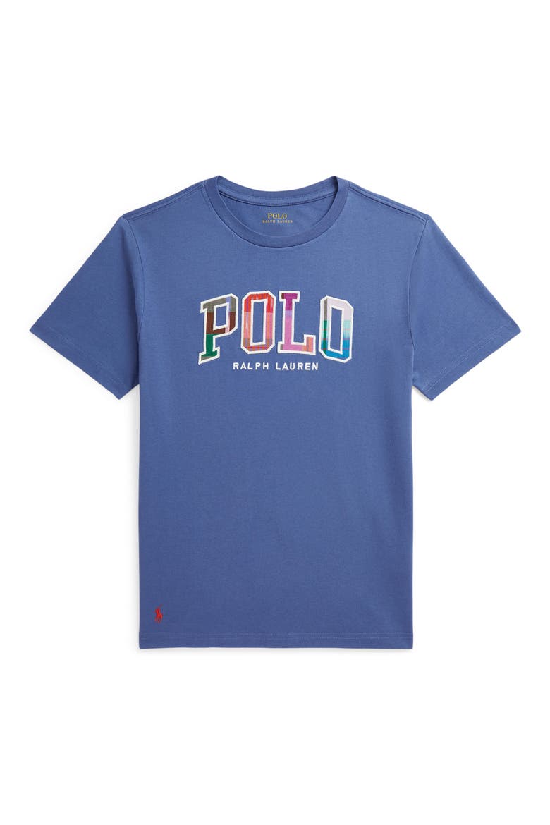 Kids' Madras Logo Appliqué T-Shirt, Main, color, BLUE HEAVEN