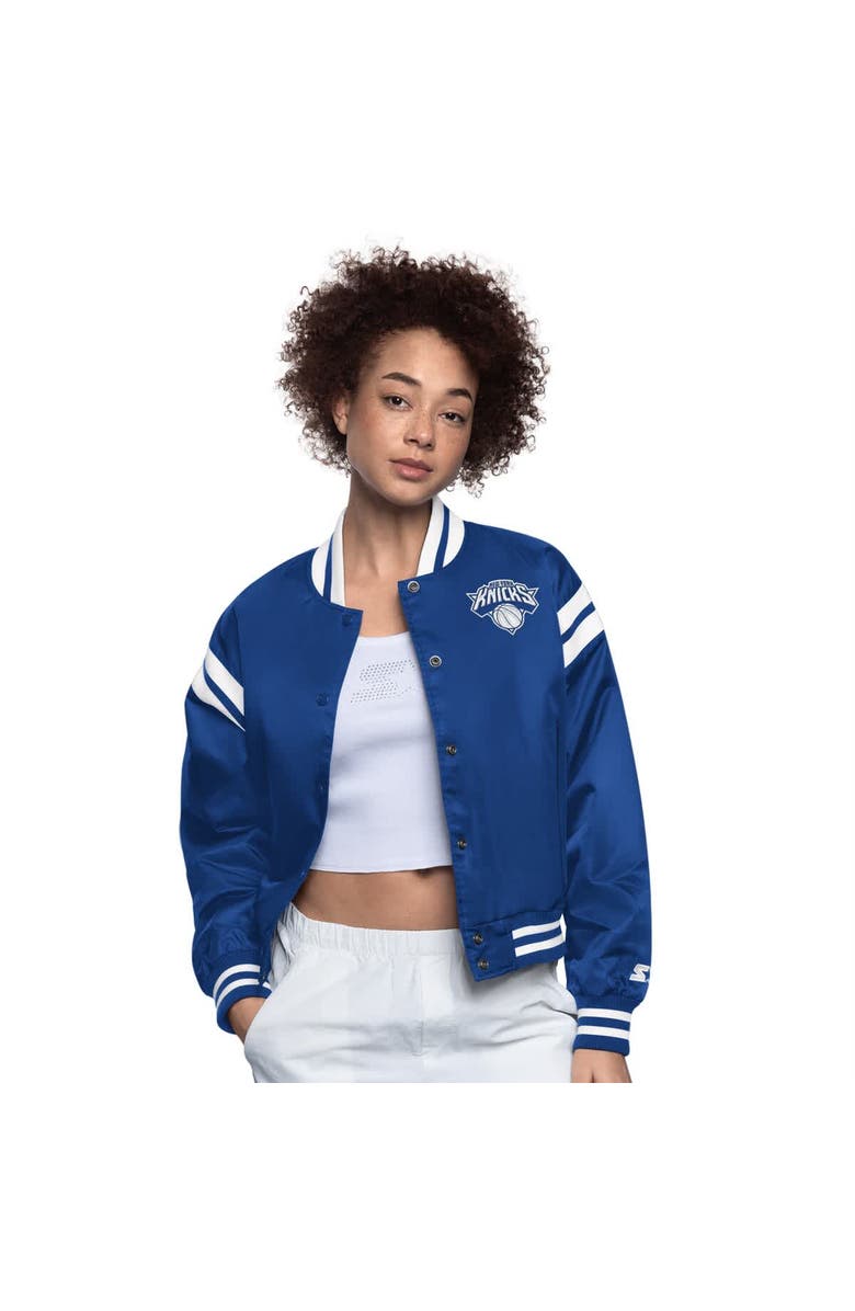 STARTER Women's Starter Blue/White New York Knicks Full Count Satin Full-Snap Varsity Jacket, Main, color, Blue