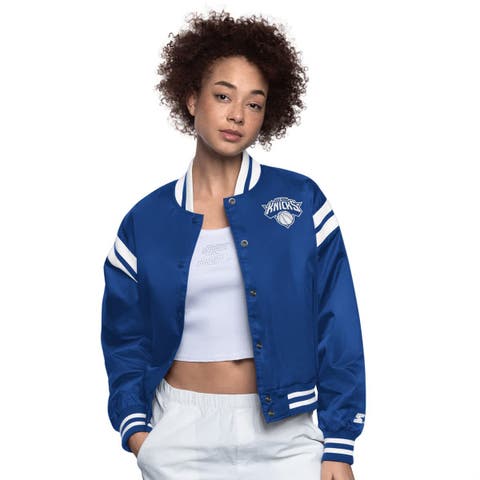 Women's Starter Blue/White New York Knicks Full Count Satin Full-Snap Varsity Jacket
