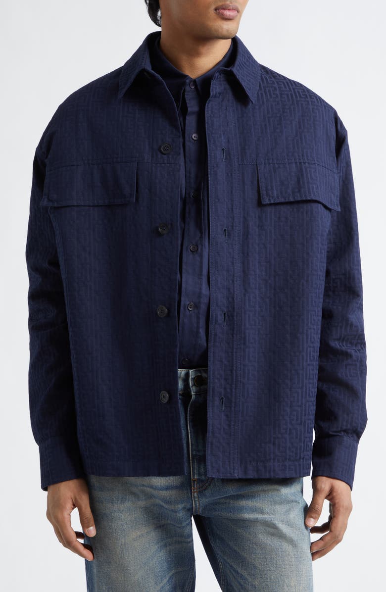 Balmain Cotton Jacquard Button-Up Overshirt, Main, color, 6Ub Marine