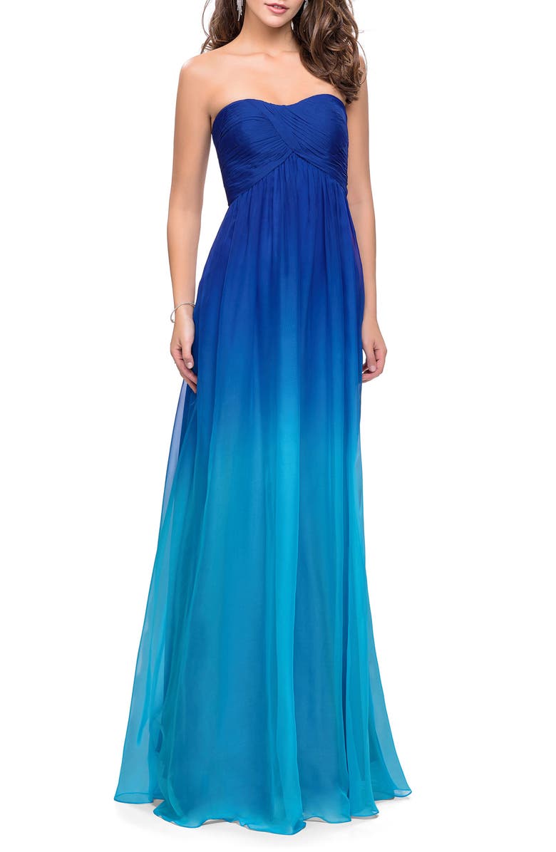 La Femme Ruched Ombré Chiffon Strapless Gown, Main, color,