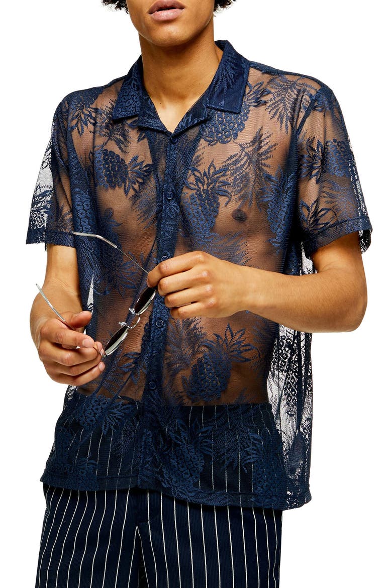 Palms Mesh Short Sleeve Button-Up Camp Shirt, Main, color, NAVY BLUE