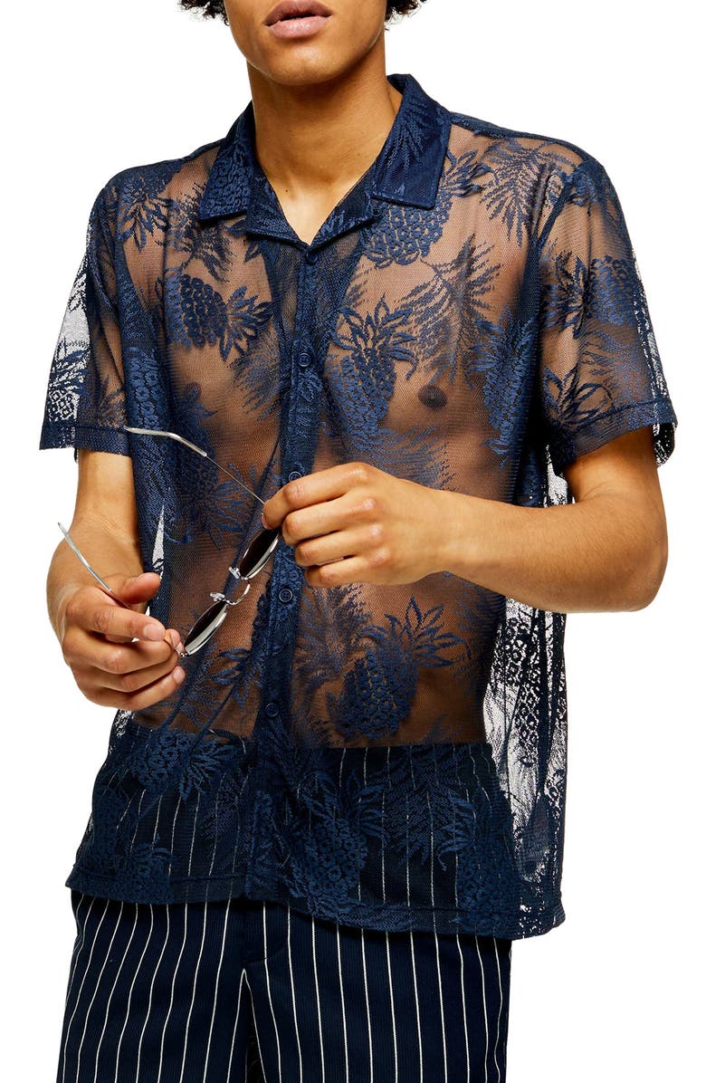 Topman Palms Mesh Short Sleeve Button-Up Camp Shirt, Main, color, 