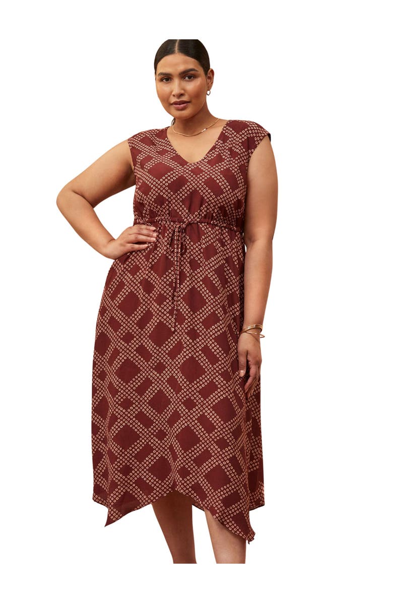 Live Unlimited Geo Print V-Neck Hanky Hem Dress, Alternate, color, Brown