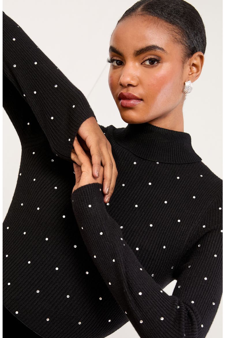 Embellished Rib Mock Neck Sweater, Alternate, color, BLACK