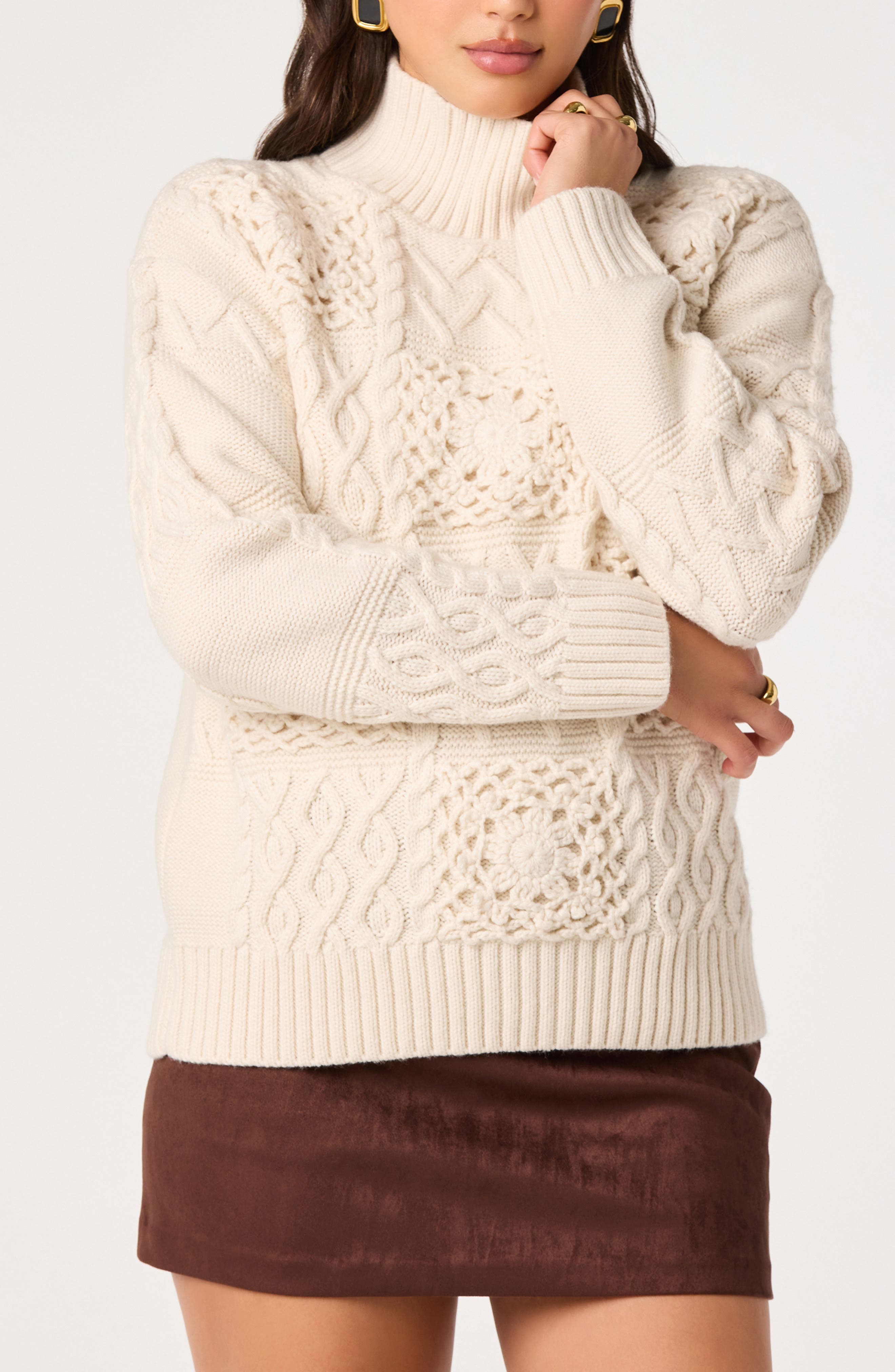 ASTR the Label Fiala Cable & Crochet Mock Neck Sweater (Women) | Nordstrom