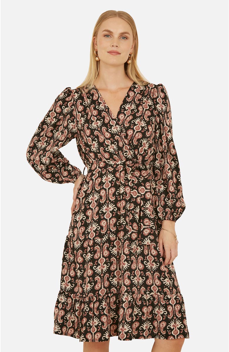 Yumi Ikat Long Sleeve Skater Midi Dress, Alternate, color, Black